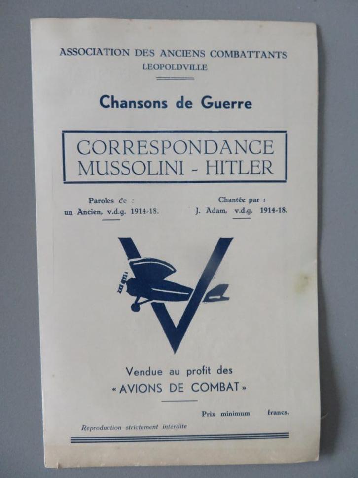 Combattants Leopoldville 1914 - 1918 Muziek Hitler Mussolini, Verzamelen, Militaria | Algemeen, Overige soorten, Foto of Poster