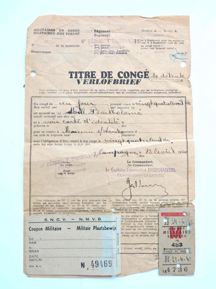 avril 1940 Titre de congé SOLDAT BELGE 6 REG ARTILLERIE, Collections, Objets militaires | Seconde Guerre mondiale, Autres, Enlèvement ou Envoi