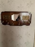 Houten wandkapstok met spiegel met 6 messing haken, Antiek en Kunst, Ophalen