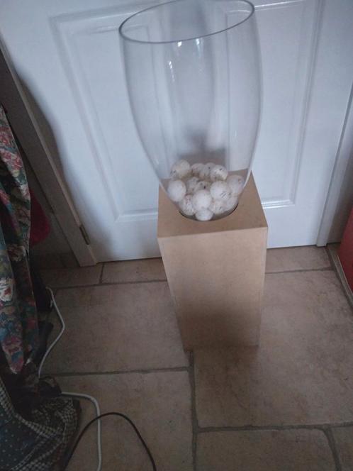 Glazen vaas in houten staander, Huis en Inrichting, Woonaccessoires | Vazen, Gebruikt, Ophalen