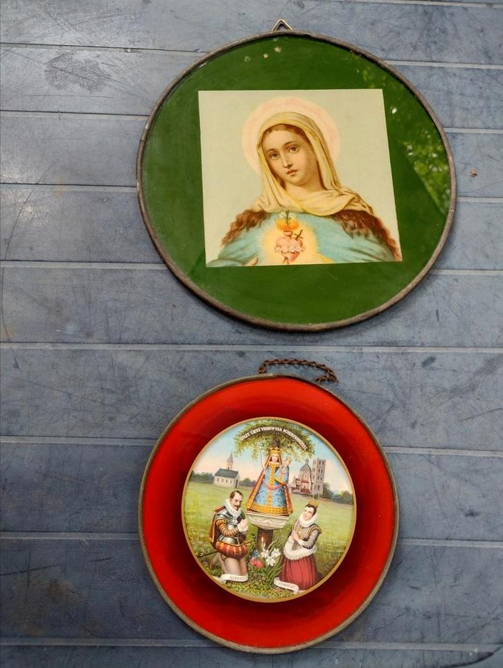Maria onze Lieve vrouw glas rond kader, Antiek en Kunst, Antiek | Religieuze voorwerpen, Ophalen of Verzenden
