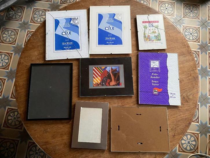 Set 8 glazen fotolijsten en clips in goede staat zie de, Huis en Inrichting, Woonaccessoires | Lijsten, Gebruikt, Minder dan 50 cm