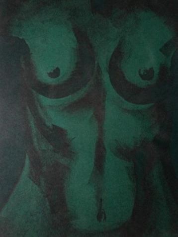 litho Paul Verbeeck Torso van naakte vrouw in het groen