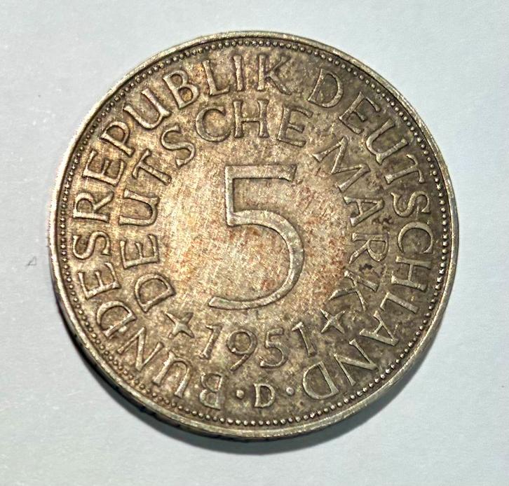 5 Deutsche Mark Silver 1951, Timbres & Monnaies, Monnaies | Europe | Monnaies non-euro, Allemagne, Argent, Enlèvement ou Envoi