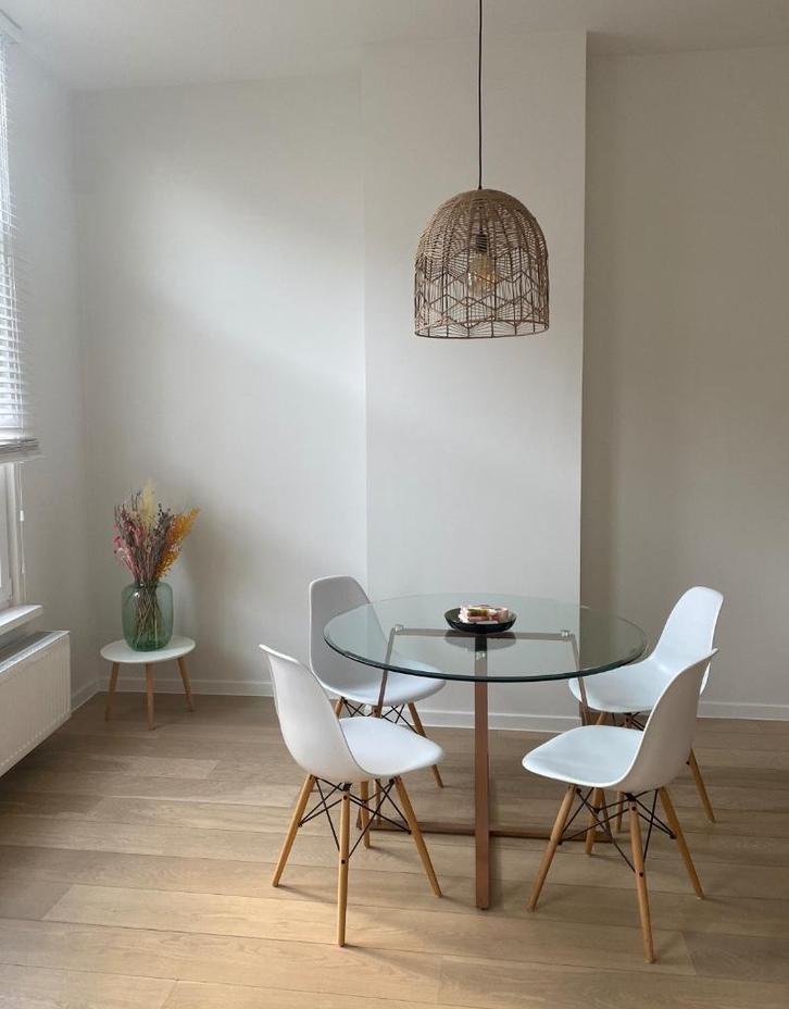 Ronde glazen tafel, Huis en Inrichting, Tafels | Eettafels, Zo goed als nieuw, 100 tot 150 cm, Vier personen, Rond, Glas, Ophalen