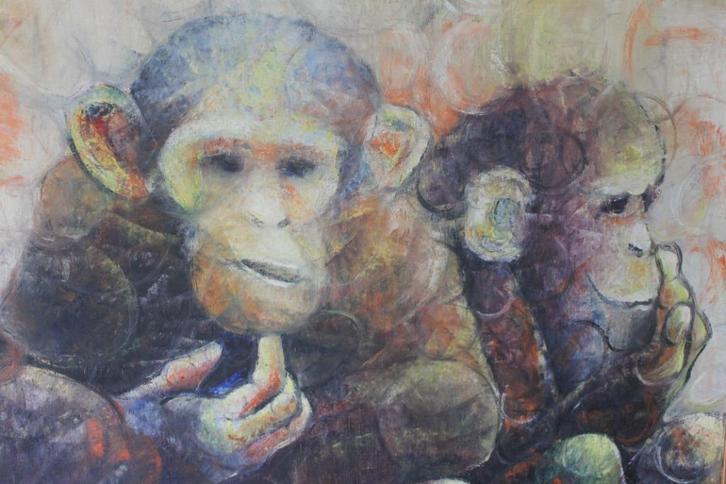 Prachtig apen schilderij 87x102 Chimpansees, Antiek en Kunst, Kunst | Schilderijen | Klassiek, Ophalen
