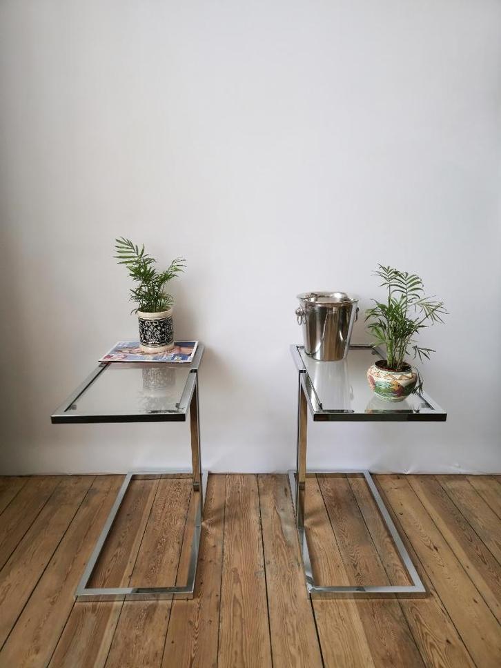Paar Vintage bijzettafels - chroom & glas - 1960-1970, Verzamelen, Retro, Huis en Inrichting, Ophalen of Verzenden