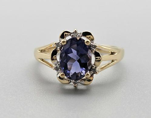 Gouden Vintage ring met tanzaniet en diamant. 2024/101, Handtassen en Accessoires, Ringen, Zo goed als nieuw, Dame, Kleiner dan 17