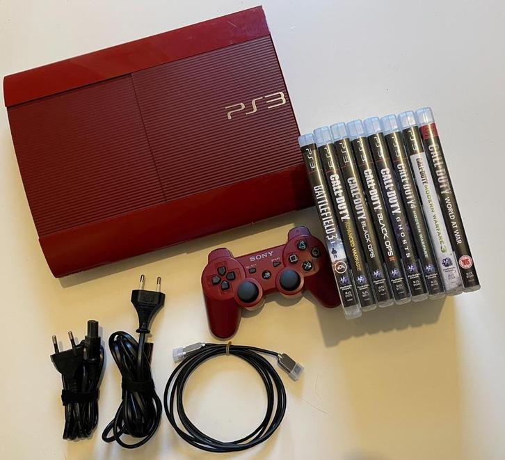 PS3 Superslim Garnet RED 500GB + 8 Games, Games en Spelcomputers, Spelcomputers | Sony PlayStation 3, Gebruikt, Slim, 500 GB, Met 1 controller