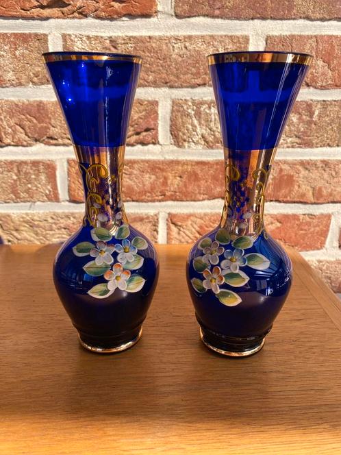 Set van 2 kobaltblauwe vintage vaasjes – Boheems glas, Antiek en Kunst, Antiek | Vazen, Ophalen