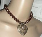 Parelketting vintage bruine parels met hartje, Handtassen en Accessoires, Kettingen, Nieuw, Met strass, Overige materialen, Bruin