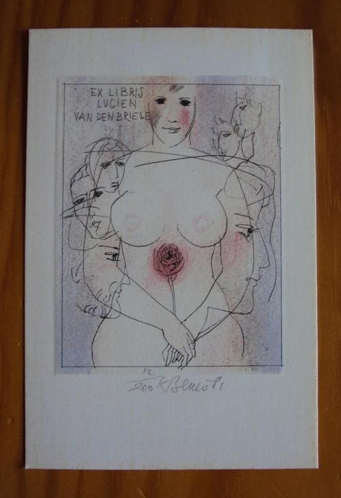 Karel Beneš 1981 ex-libris litho 'Woman with Rose' - nieuw, Antiquités & Art, Art | Lithographies & Sérigraphies, Envoi