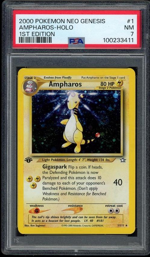 Ampharos Holo 1st Edition PSA 7 - 1/111 - Neo Genesis 2000, Hobby en Vrije tijd, Verzamelkaartspellen | Pokémon, Zo goed als nieuw