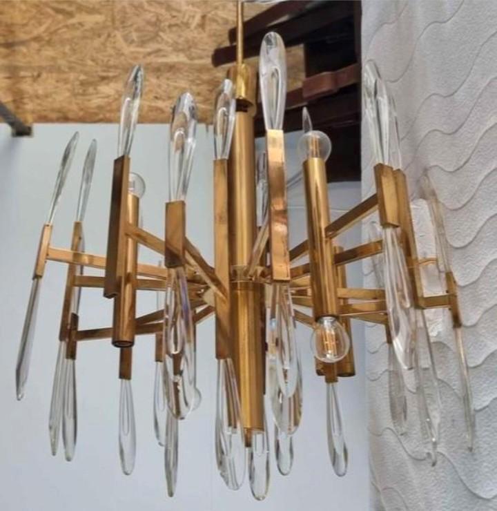 Lustre suspension Vintage Gaetano Sciolari Laiton et cristal, Maison & Meubles, Lampes | Lustres, Comme neuf, Enlèvement
