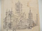 Antieke inkttekening De 3 torens van GENT Ferdinand Giele, Enlèvement ou Envoi
