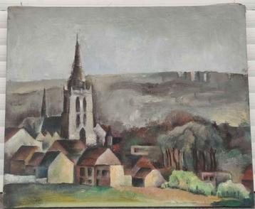 huile sur toile village signe beschikbaar voor biedingen
