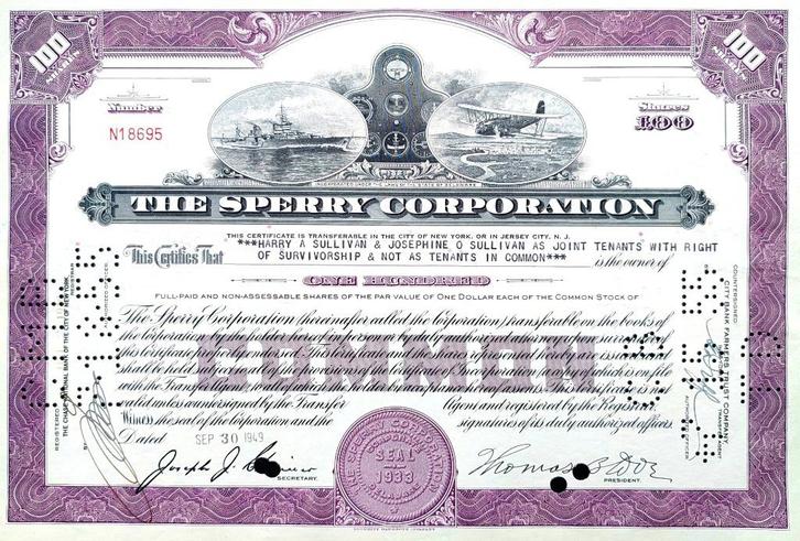 The Sperry Corporation 1949, Postzegels en Munten, Aandelen en Waardepapieren, Certificaat van aandeel, 1920 tot 1950, Ophalen of Verzenden
