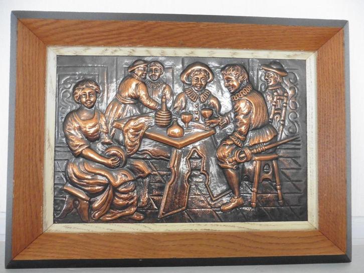 Koperen afbeelding in reliëf met houten frame, Antiek en Kunst, Antiek | Brons en Koper, Koper, Ophalen of Verzenden
