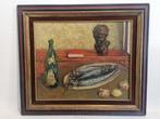 Stilleven met vis, fles en borstbeeld – Olie op doek, Antiek en Kunst, Ophalen of Verzenden
