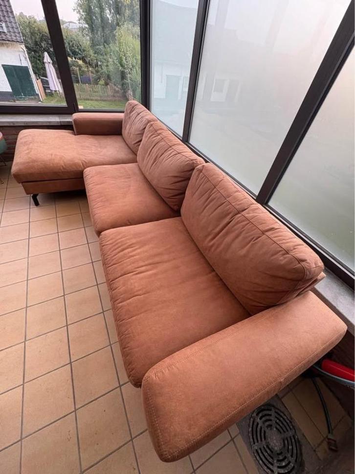 driezit cognac kleur, Huis en Inrichting, Zetels | Zetels, Gebruikt, Hoekbank, Driepersoons, 250 tot 300 cm, 75 tot 100 cm, Stof
