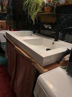 Dubbele lavabo zwarte kranen op tropisch hout propere staat, Ophalen, 150 tot 200 cm, Zo goed als nieuw, Wasbak of Wastafel