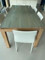 Natuurlijke houten tafel met glazen plaat, Huis en Inrichting, Ophalen, Gebruikt, Contemporain, 4 tot 6 stoelen