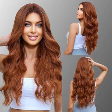 Luxe pruik lang koperrood haar met slagen zonder pony model  beschikbaar voor biedingen