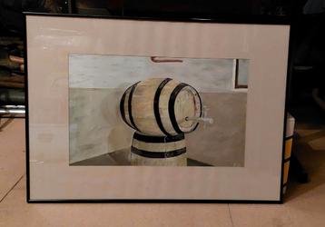 Schilderij ´Wijnvat´ in zwart kader. afmetingen 70x50,5cm beschikbaar voor biedingen