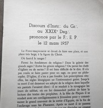 Franc.Maç.-Discours d'Instr:.du Gr:.au XXIXe Deg:.-12/3/1957 beschikbaar voor biedingen