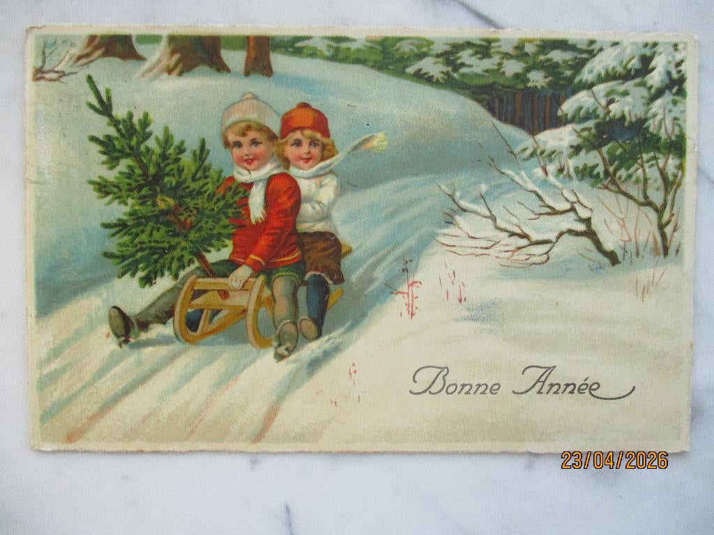 nieuwejaar jongen meisje op slede kerstboom bos 1931, Envoi, 1920 à 1940, Affranchie, (Jour de) Fête