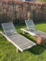 2 tuinzetels met kussens en uitschuifbaar apero-plankje, Jardin & Terrasse, Chaises longues, Enlèvement, Comme neuf, Bois, Mobile