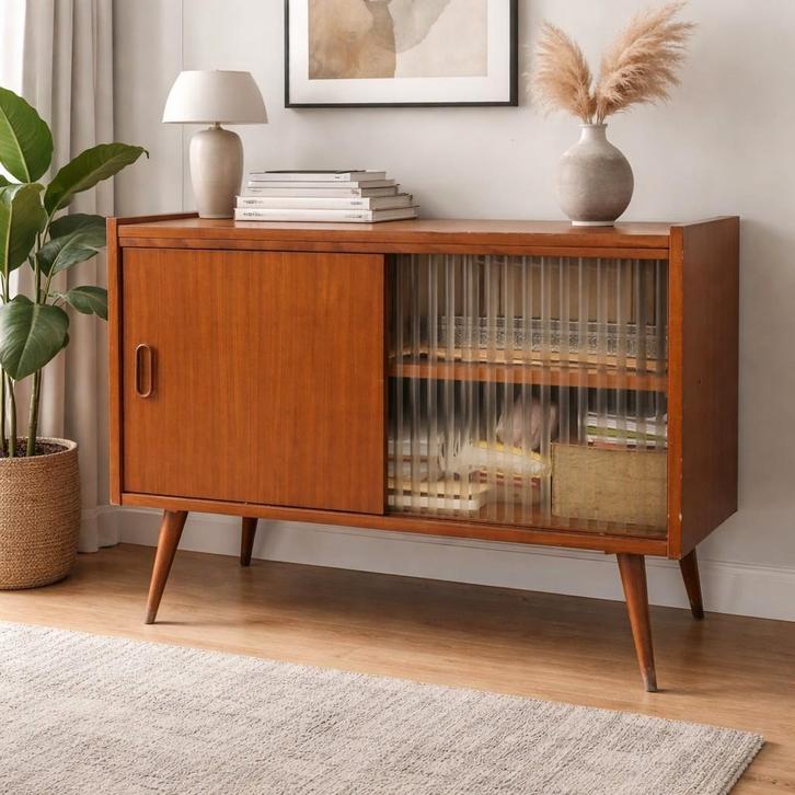 Schattig theekastje jaren 60, Huis en Inrichting, Kasten | Dressoirs, Teakhout, Glas, Ophalen