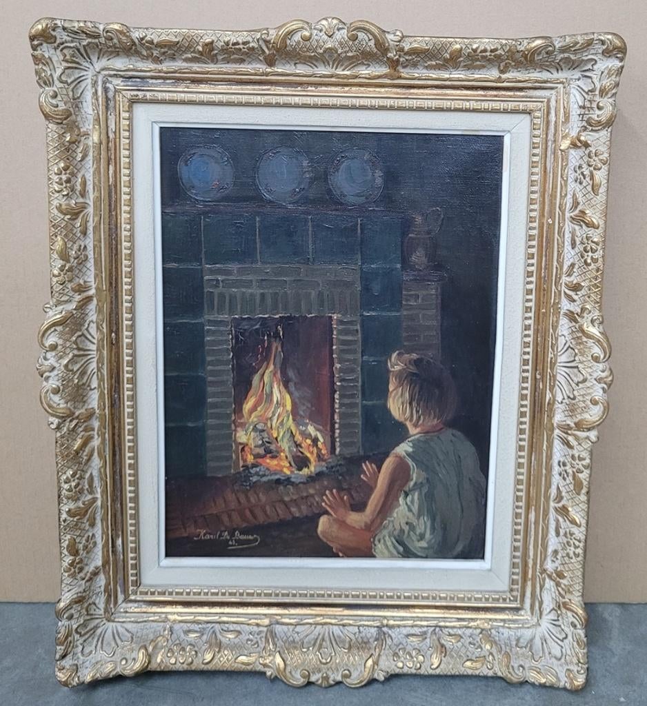 Karel DE BAUW, kindje bij de haard, Antiquités & Art, Art | Peinture | Classique, Enlèvement ou Envoi
