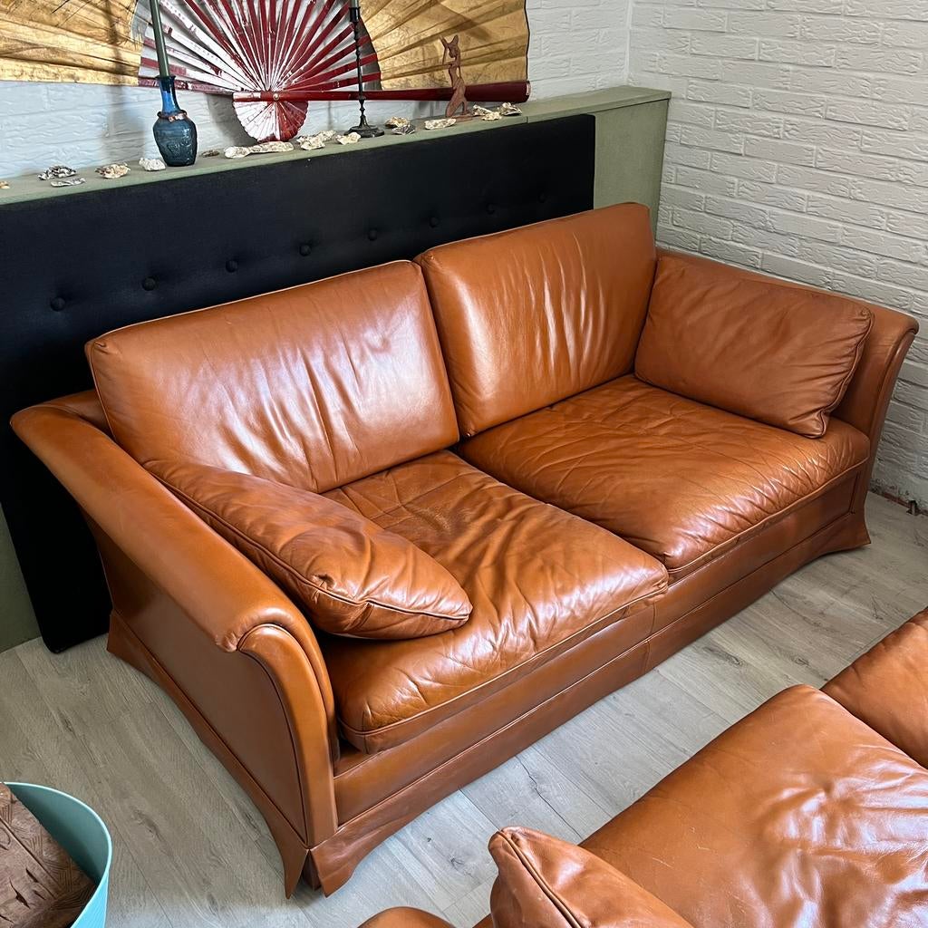 Cognac lederen 3 zit, Ophalen, Gebruikt