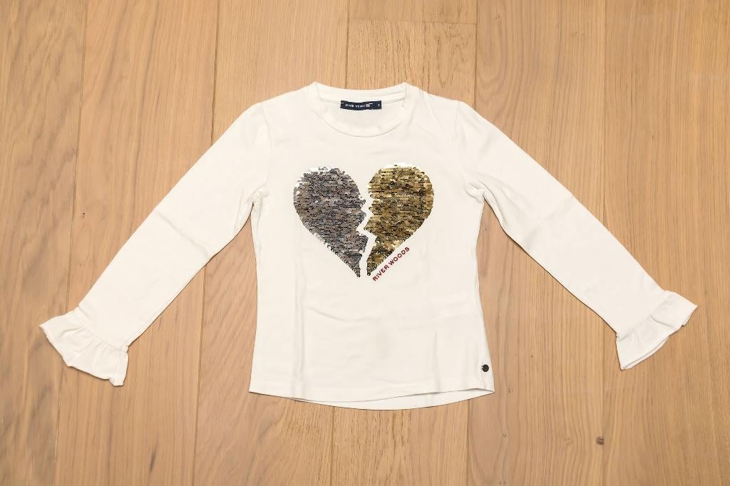 Ecru T-shirt met hartje River Woods, maat 8 jaar, Kinderen en Baby's, Kinderkleding | Maat 128, Gebruikt, Meisje, Ophalen of Verzenden