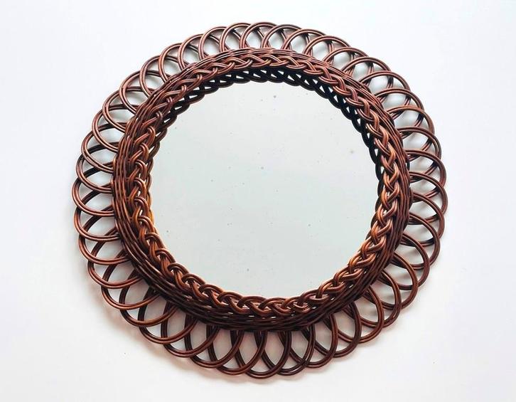 Rotan spiegel 49 cm * Vintage jaren 70 * Spiegel, Huis en Inrichting, Woonaccessoires | Spiegels, Zo goed als nieuw, Minder dan 50 cm