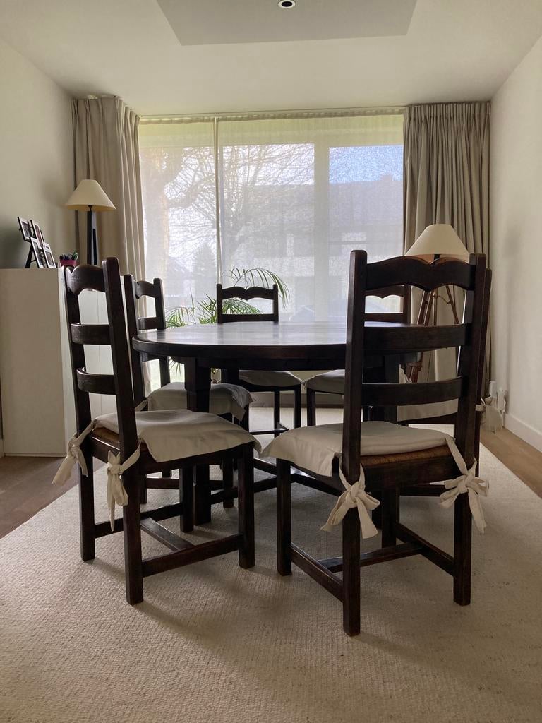 Table en chêne 120 ou 160 ou 200 cm en 6 chaises, Enlèvement, Utilisé, Rond de tafel tijdloos, moderne massief eik, 6 à 8 chaises