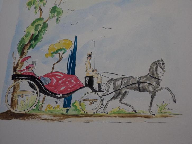 1952 calèche ROS gesigneerd Parijs bois de Boulogne gouache, Antiquités & Art, Art | Peinture | Moderne, Enlèvement ou Envoi