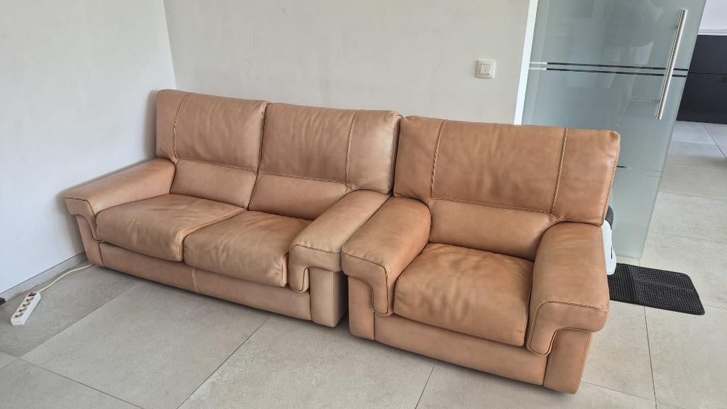 Divan et club cuir camel, Maison & Meubles, Canapés | Salons, Enlèvement, Utilisé, Trois personnes, Cuir