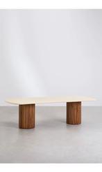 Eettafel van beton en acaciahouten poten, Huis en Inrichting, Ophalen, 100 tot 150 cm, Vijf personen of meer, Rechthoekig