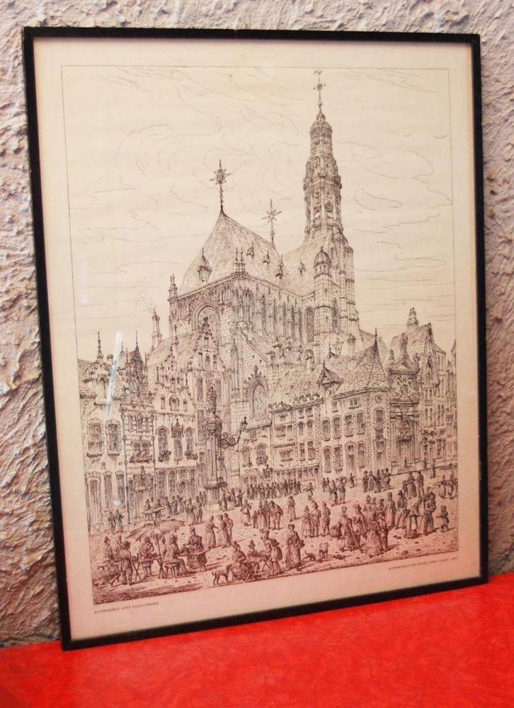 Litho Sint-Pauluskerk Antwerpen In Houten Kader / John Coney, Antiek en Kunst, Kunst | Litho's en Zeefdrukken, Ophalen of Verzenden