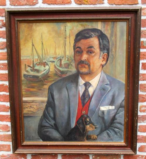 Delhauteur  Charlie , Portret v/e man met hond  Luik 1962, Antiek en Kunst, Kunst | Schilderijen | Klassiek, Ophalen of Verzenden