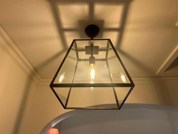 Vintage industriële glazen hanglamp, Huis en Inrichting, Lampen | Hanglampen, Zo goed als nieuw, 50 tot 75 cm, Glas, Metaal, Ophalen