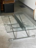 Design glazen salontafel op wielen, Huis en Inrichting, Tafels | Salontafels, Ophalen, Gebruikt, 100 tot 150 cm, Design