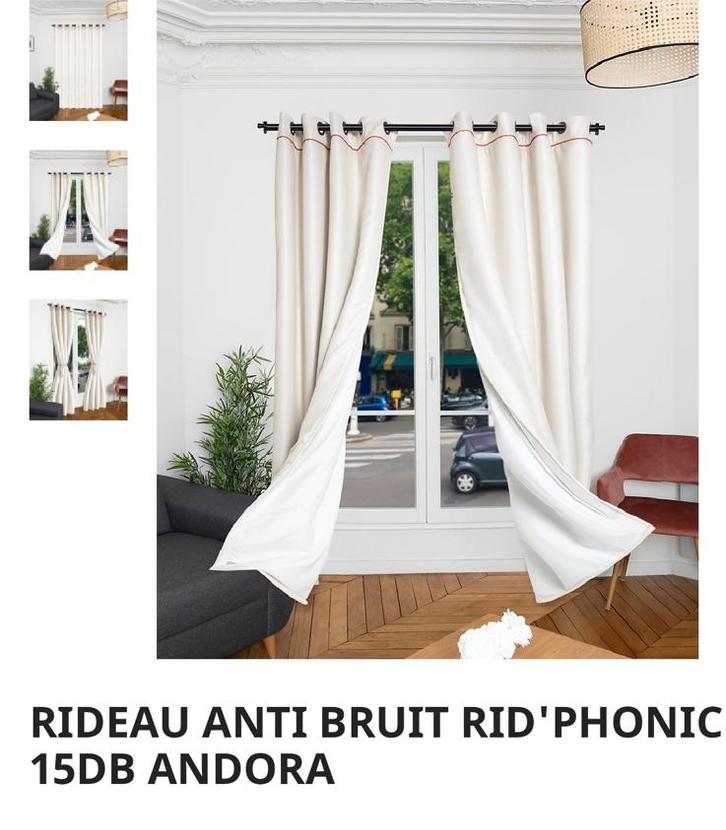 2 Rideaux anti bruit Rid‘phonic gris 260x135 15dB, Maison & Meubles, Ameublement | Rideaux & Stores à lamelles, Utilisé, Gris