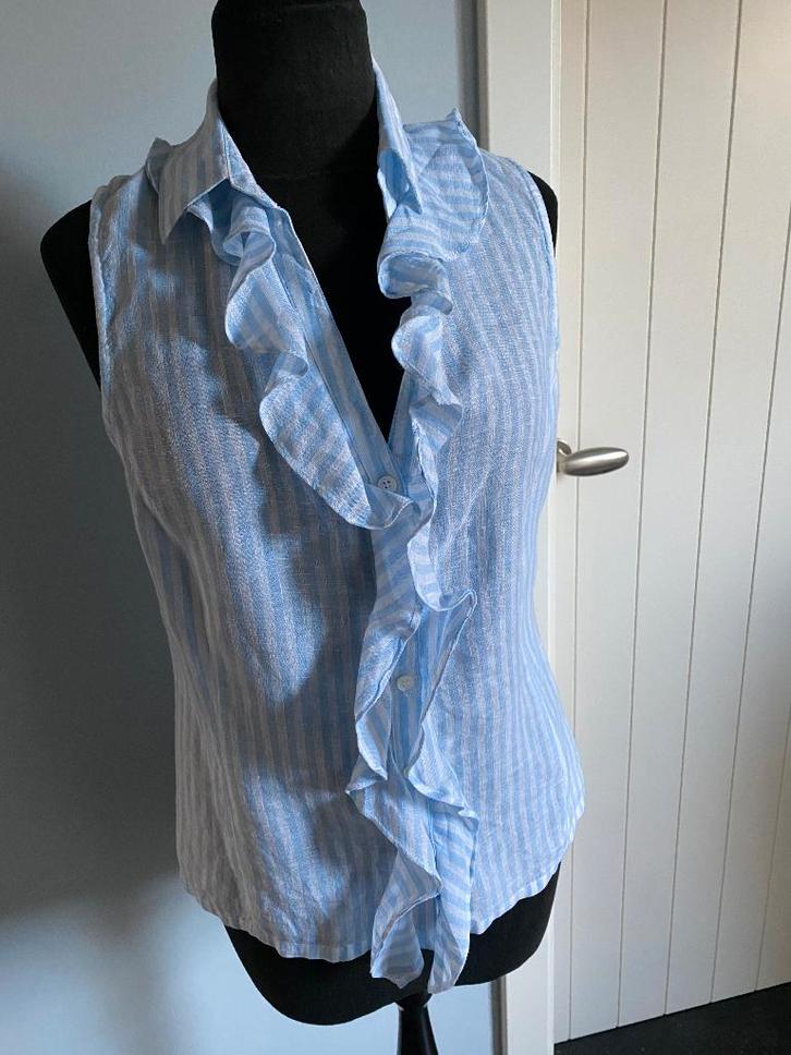 SCAPA lichtblauw/wit gestreepte linnen blouse - 40/42, Kleding | Dames, Blouses en Tunieken, Zo goed als nieuw, Maat 38/40 (M)