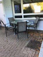 Stevige terrasset glazen tafel plus stoelen, Ophalen, Gebruikt, Metaal, Stapelbaar