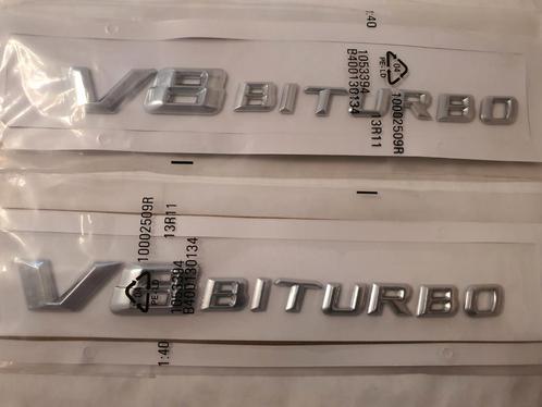 Mercedes V8 biturbo zijkant logo's zilver/blinkend zwart, Auto diversen, Autostickers, Ophalen of Verzenden