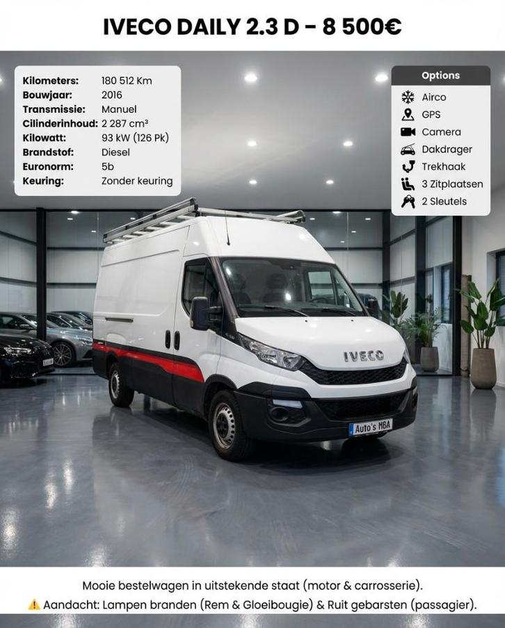 Iveco Daily 2.3 D / 180512 km / Euro5b / Airco / 8500 €, Autos, Camionnettes & Utilitaires, Entreprise, Achat, ABS, Caméra de recul