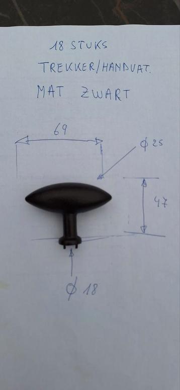 16 x DEURKNOP, TREKKER, HANDVAT, MAT ZWART., 69 mm beschikbaar voor biedingen